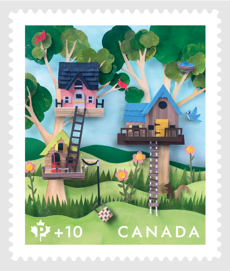 The 2022 Canada Post Community Foundation stamp features colourful treehouse collages.