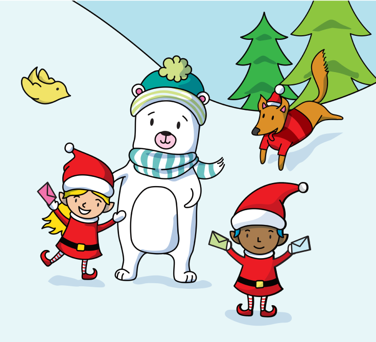 An illustration of elves and a polar bear wearing a hat and scarf. The elves are holding letters to Santa Claus.