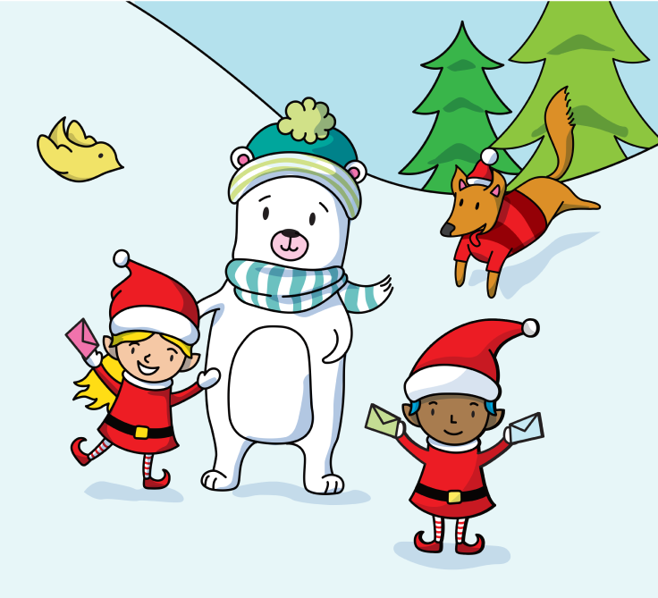 Une illustration montrant des lutins et un ours polaire portant un chapeau et un foulard. Les lutins tiennent des lettres adressées au père Noël
