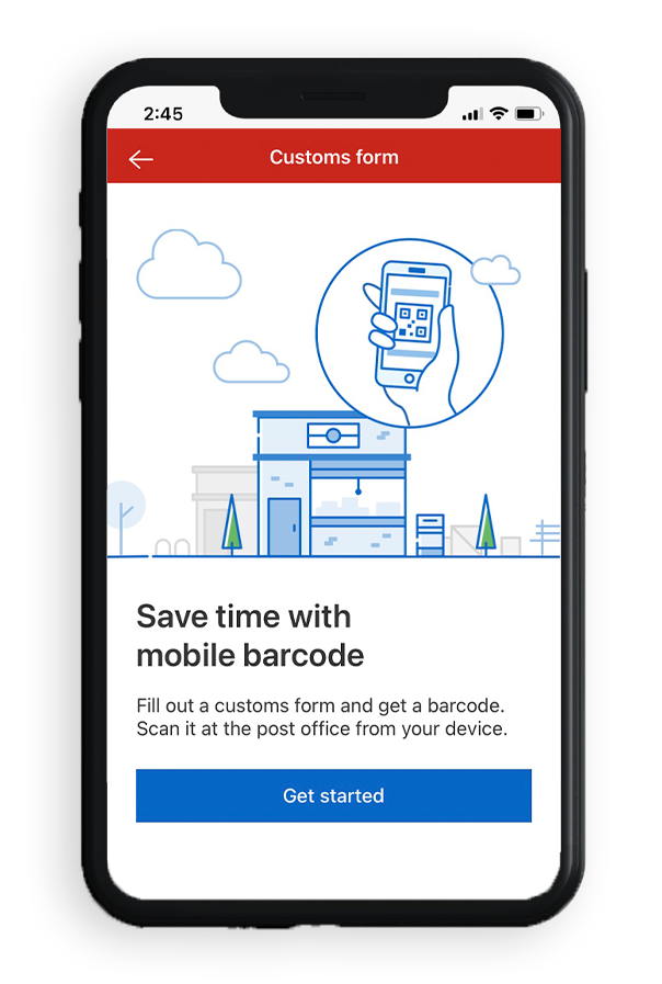 A cellphone displays the Canada Post mobile app, specifically a section about customs forms and how users can save time with a mobile barcode, including a button to get started.
