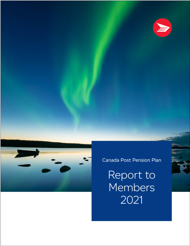 The cover of the 2021 “Canada Post pension plan report to members” features an image of a lake at night with Northern Lights phenomena in the night sky above.