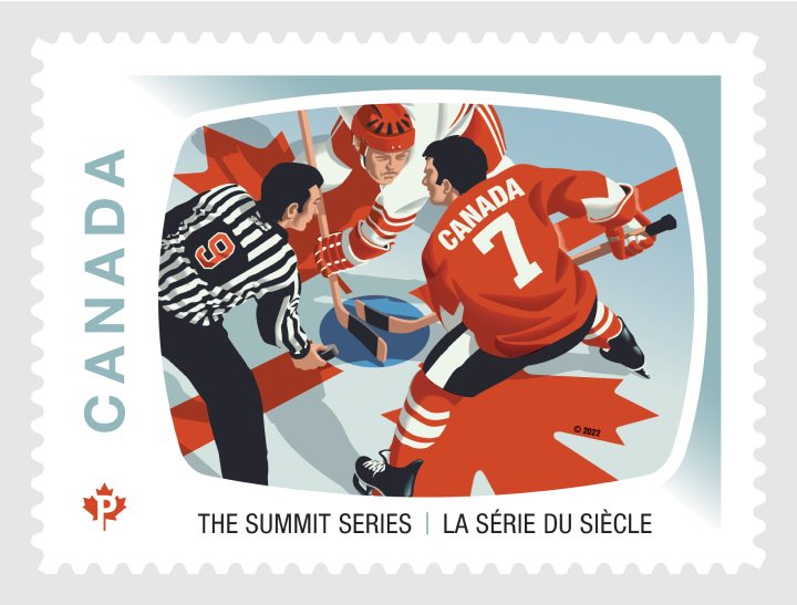 The Summit Series stamp from Canada Post features a depiction of a face off of Canadian and Soviet Union hockey players during Game 8 of the 1972 Summit Series.