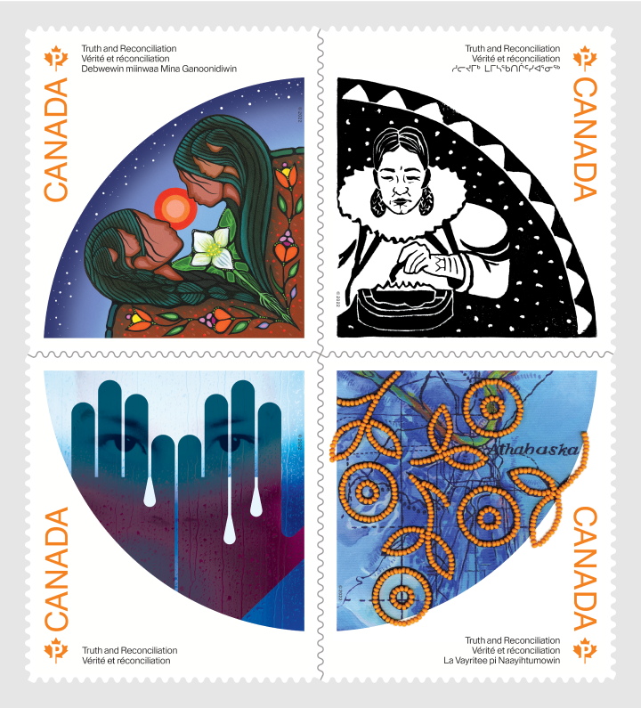 A pane of four stamps from the 2022 Truth and Reconciliation stamp issue from Canada Post. Each stamp illustration makes up one quarter of the pane like a pie chart.