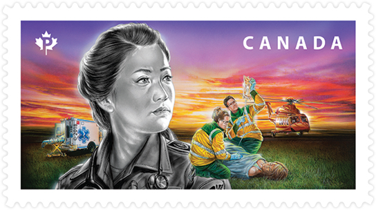 Canada Post stamp honouring paramedics. Stamp depicts paramedics giving life-saving treatment and an air ambulance.