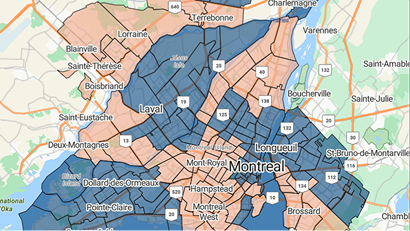 Map of the Montreal area with postal code regions highlighted in blue, showing service coverage across Laval, Longueuil, Pointe-Claire and surrounding communities.