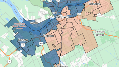 Map of the Ottawa area with postal code regions highlighted in blue, showing service coverage across Kanata, Nepean, Aylmer and surrounding communities.