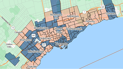 Map of the Greater Toronto Area with postal code regions highlighted in blue, green and purple, showing service coverage across Toronto and surrounding communities.