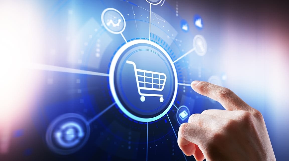 A close-up of a person's finger touching a glowing digital interface. The central icon is a white shopping cart inside a blue circle.