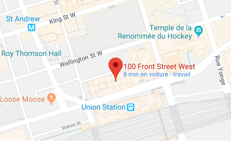 L’adresse du gala des Prix pour l’innovation en cybercommerce de 2019, située au 100, Front Street West, indiquée sur une carte