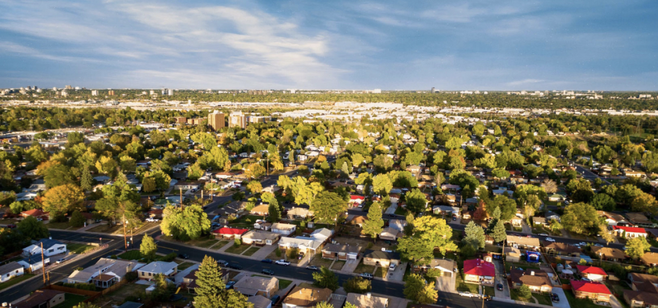 Aerial view of a sprawling neighbourhood with houses, yards and trees