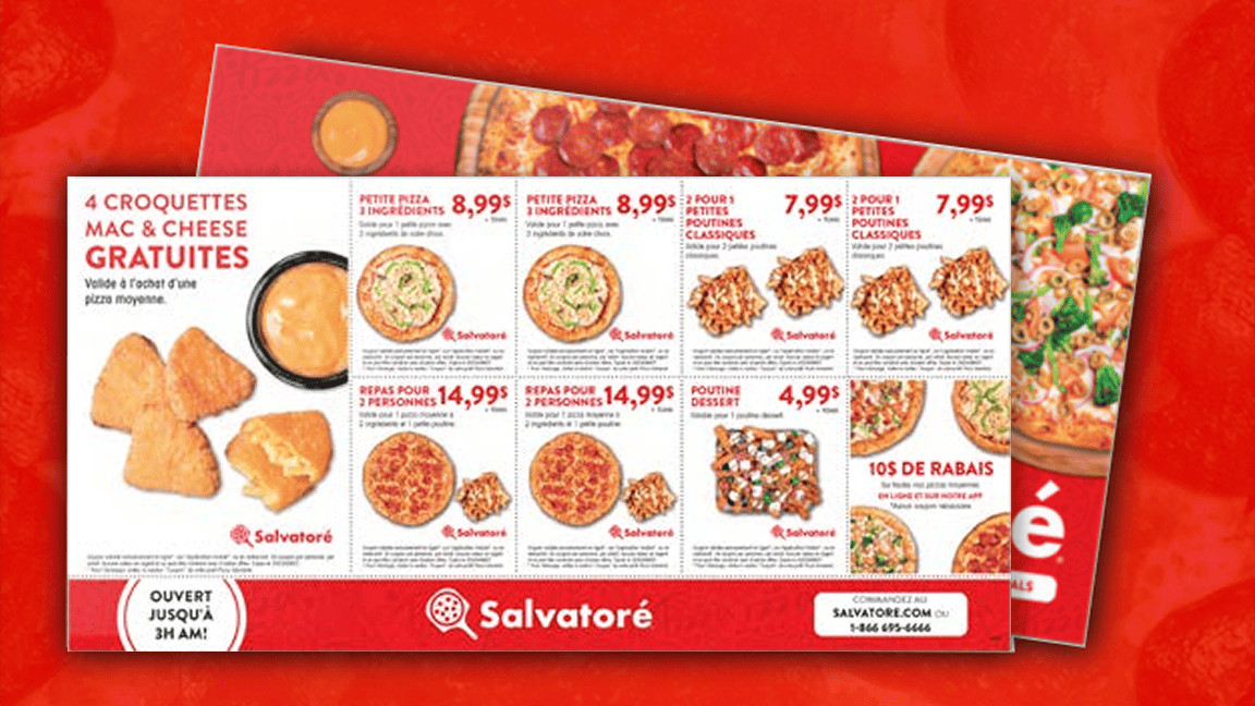 D&eacute;pliant postal de Pizza Salvator&eacute; comprenant une s&eacute;rie de coupons et d&rsquo;offres promotionnelles