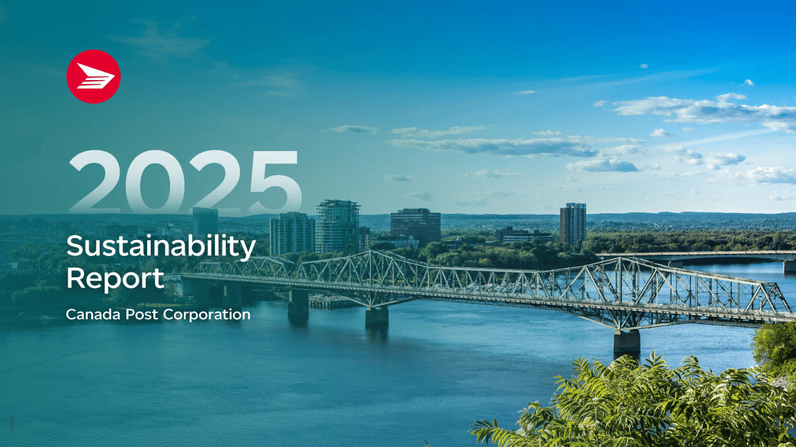 &ldquo;2025 Sustainability Report Canada Post Corporation.&rdquo; A tranquil Canadian lake near a mountain range.