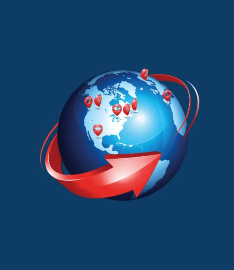 A red arrow wraps around the globe. Several red pins mark locations on the globe, illustrating the speed and global range of MoneyGram.