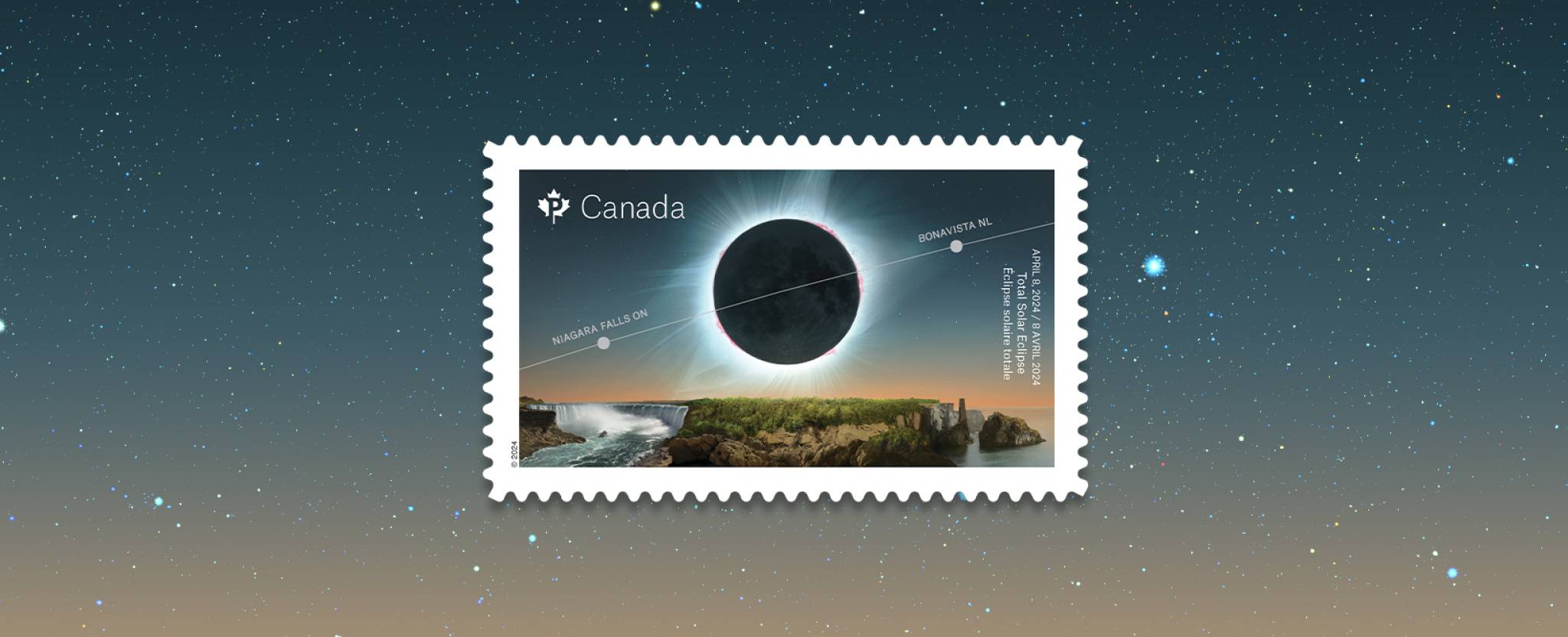 Stamp depicting the sun at the moment of totality during a total solar eclipse, set against a dark sky and coastal landscape imagery.