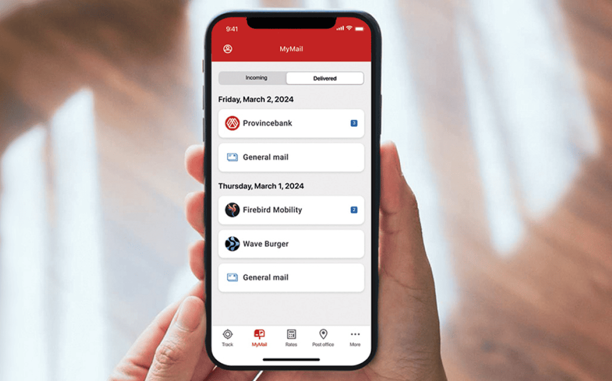 A cell phone screen displays the MyMail page of the Canada Post app. The header tabs show options for “Incoming” and “Delivered” mail. A cell phone screen displays the MyMail page of the Canada Post app. The header tabs show options for “Incoming” and “Delivered” mail.