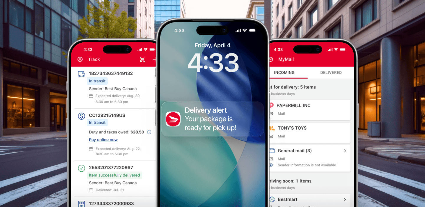 Smartphone screens display a Canada Post delivery alert, and the Track list and MyMail  pages of the Canada Post app.