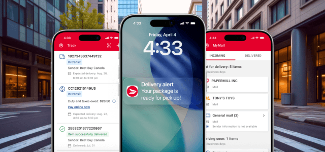 Smartphone screens display a Canada Post delivery alert, and the Track list and MyMail  pages of the Canada Post app.
