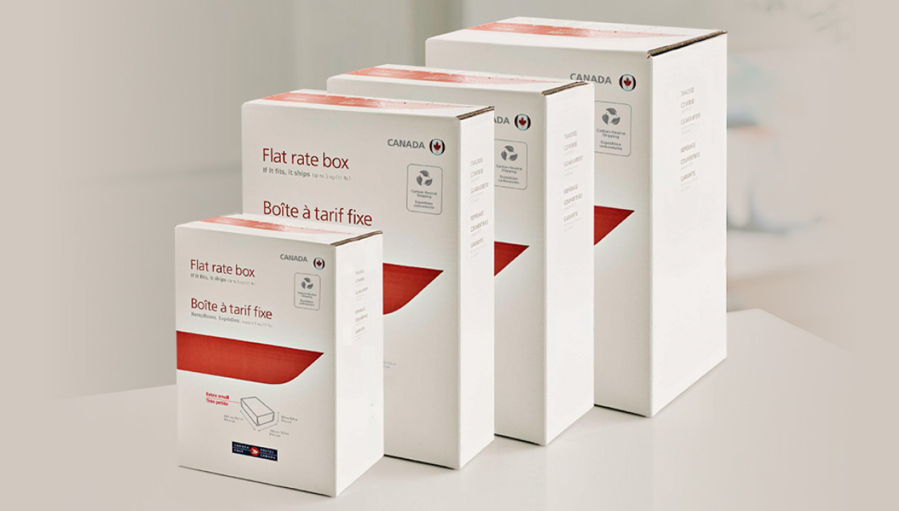 The 4 sizes of Canada Post flat rate boxes, including the new extra-small size.