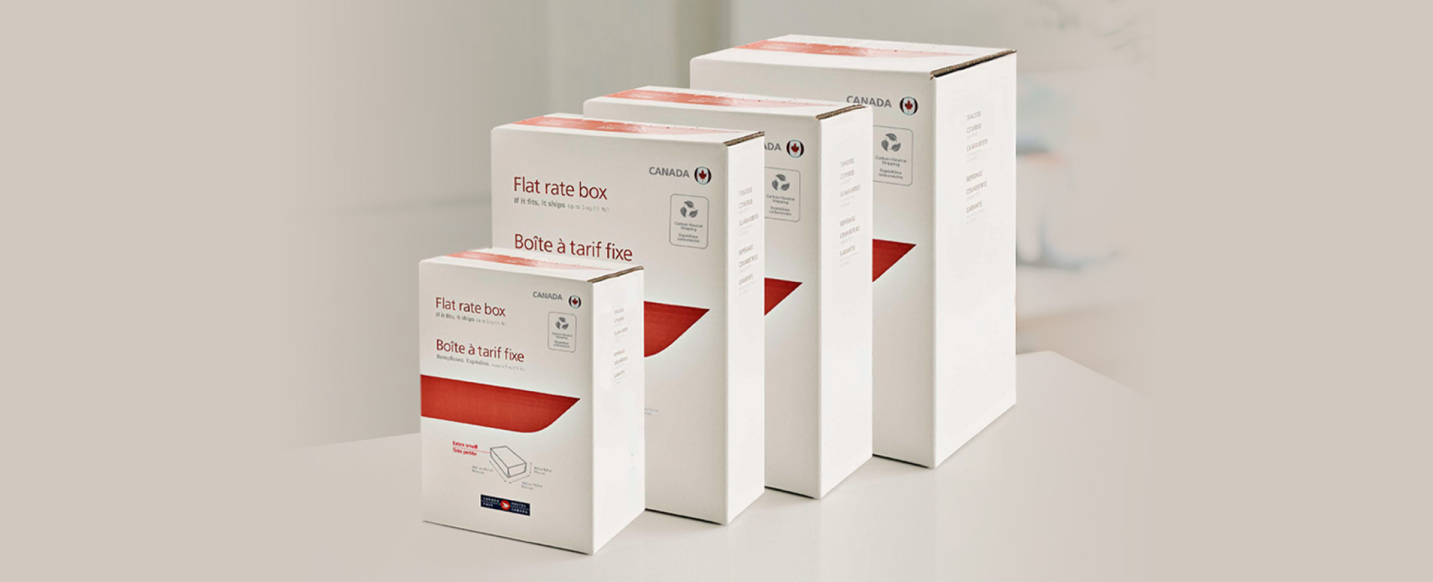 The 4 sizes of Canada Post flat rate boxes, including the new extra-small size.