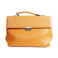 Structured tan leather briefcase with top handle and metal clasp, isolated on a light grey background.
