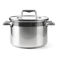 Stainless steel stock pot with side handles and a fitted lid, isolated on a white background.
