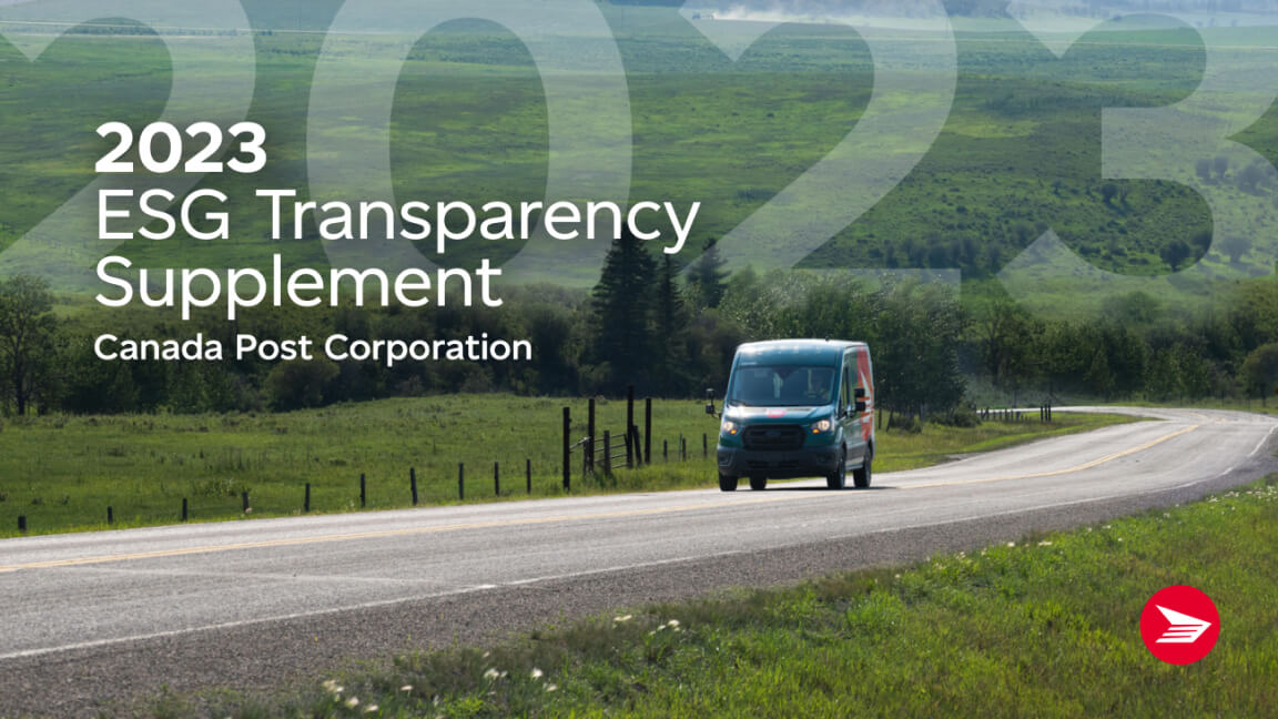 A Canada Post delivery van drives along a rural road lined with grassy green fields. Hills extend into the distance. 