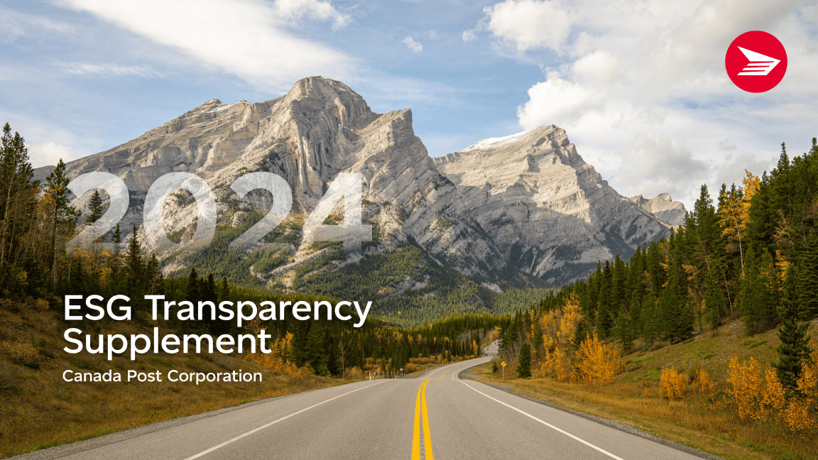 “2024 ESG Transparency Supplement Canada Post Corporation.” A winding rural road with mountains in the distance.