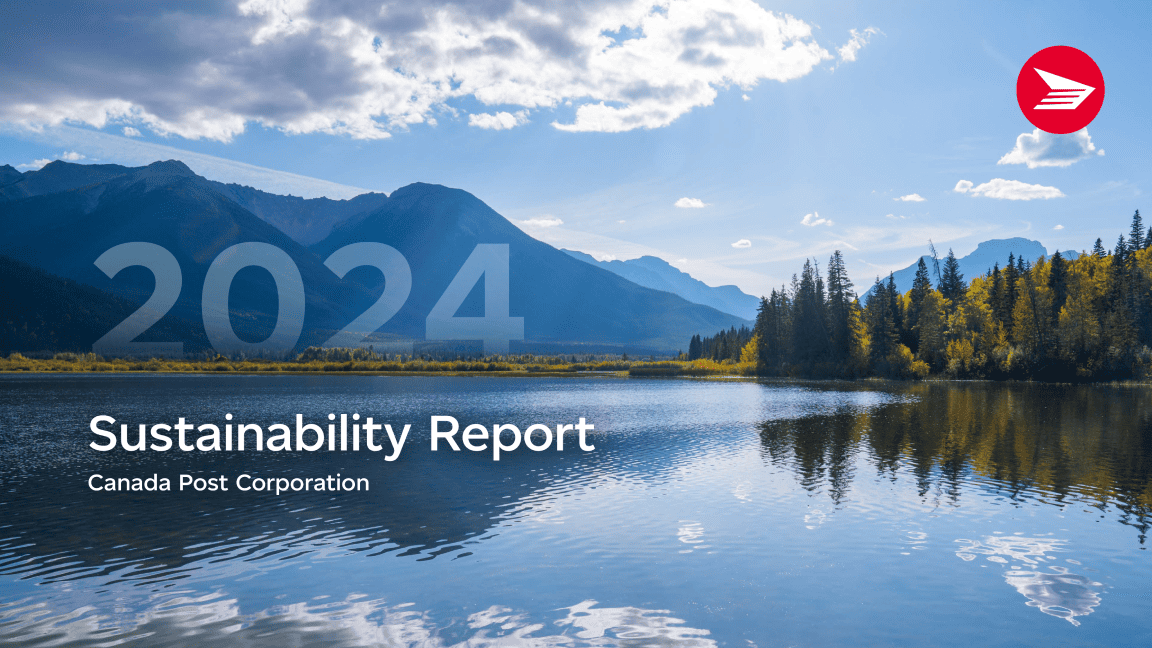 “2024 Sustainability Report Canada Post Corporation.” A tranquil Canadian lake near a mountain range.