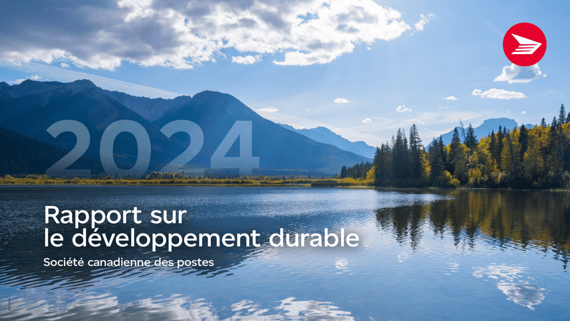 « Rapport sur le développement durable 2024 de la Société canadienne des postes. »
Paysage canadien d’un lac tranquille au pied des montagnes.