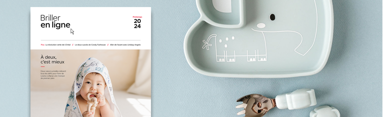 Vue en plongée de la page couverture de l’édition printemps 2024 de « Briller en ligne » sur une surface unie. À côté, un couvert et un plat en silicone pour enfant en forme d’éléphant.