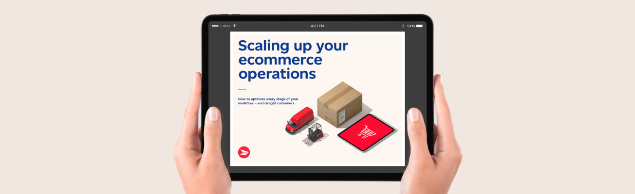 The screen of a tablet computer reads: Scaling up your ecommerce operations.