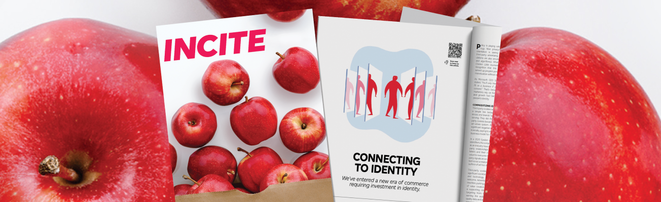 The cover of the Identity issue of INCITE magazine and an interior page open to the “Connecting to identity” article.