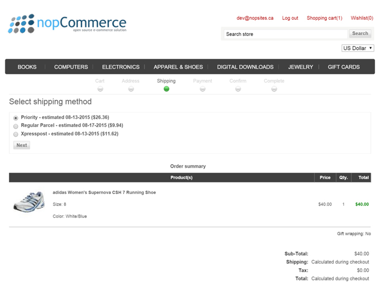 nopCommerce - Checkout with Shipping Rates