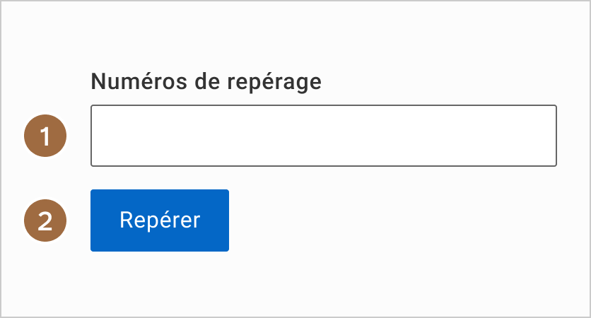 Diagramme numéroté montrant le champ Numéros de repérage (étape 1) et le bouton Repérer (étape 2).