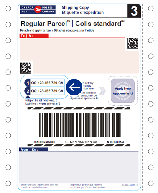 Exemple d’étiquette d’expédition Colis standard pour usage au comptoir avec une flèche indiquant où se trouvent les numéros de repérage.