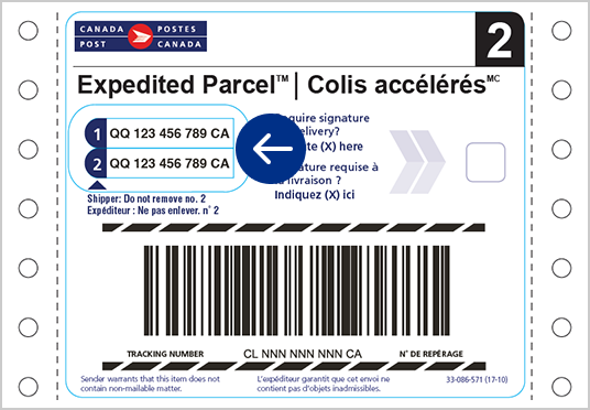 Exemple d’étiquette d’expédition commerciale Colis accélérés sans adresse. Un cercle indique où se trouvent les numéros de repérage.