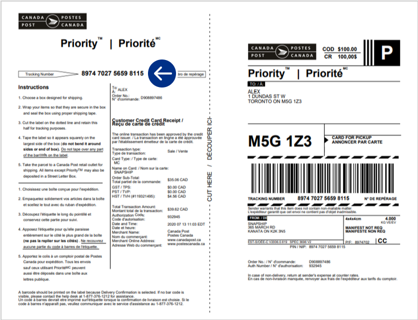 Exemple d’étiquette d’expédition pour envoi contre remboursement (CR) avec livraison résidentielle.