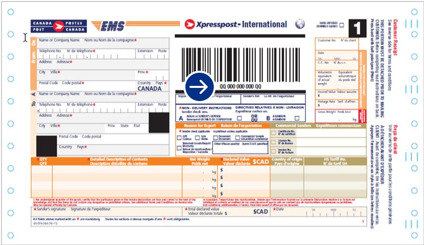 Exemple de reçu du client du service Xpresspost – International.