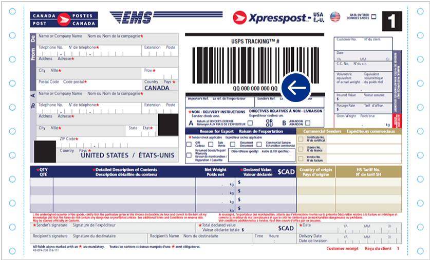 Exemple de reçu du client du service Xpresspost – É.-U.