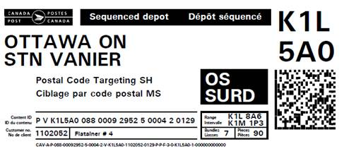 Exemple d’étiquette de conteneur portant un code à barres pour le service Ciblage par code postal pour article surdimensionné nécessitant une manutention spéciale