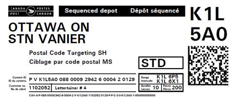 Exemple d’étiquette de conteneur portant un code à barres pour le service Ciblage par code postal standard pour article nécessitant une manutention spéciale