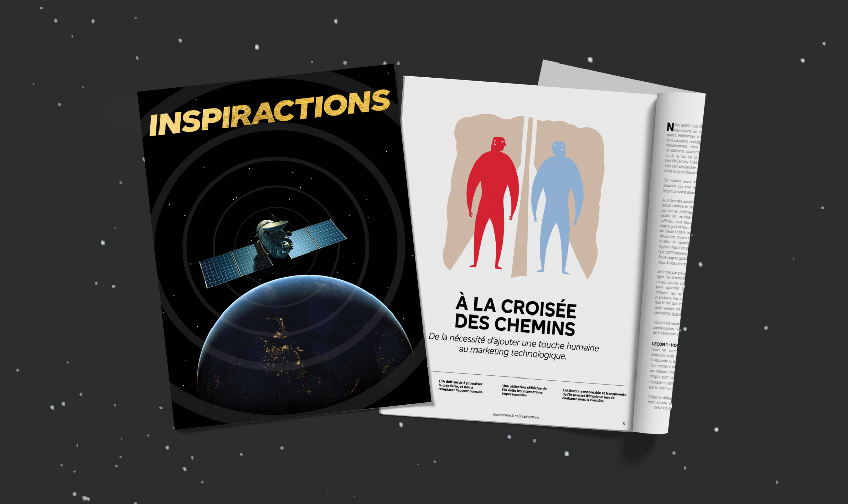 La page couverture de l’édition « Techno et marketing » du magazine INSPIRACTIONS illustrant un satellite dans l’espace qui communique avec la Terre.