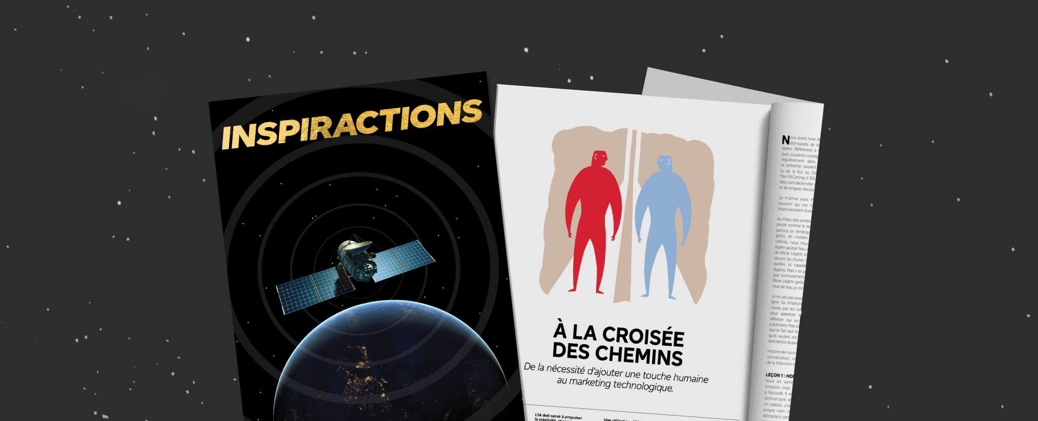 La page couverture de l’édition « Techno et marketing » du magazine INSPIRACTIONS illustrant un satellite dans l’espace qui communique avec la Terre.