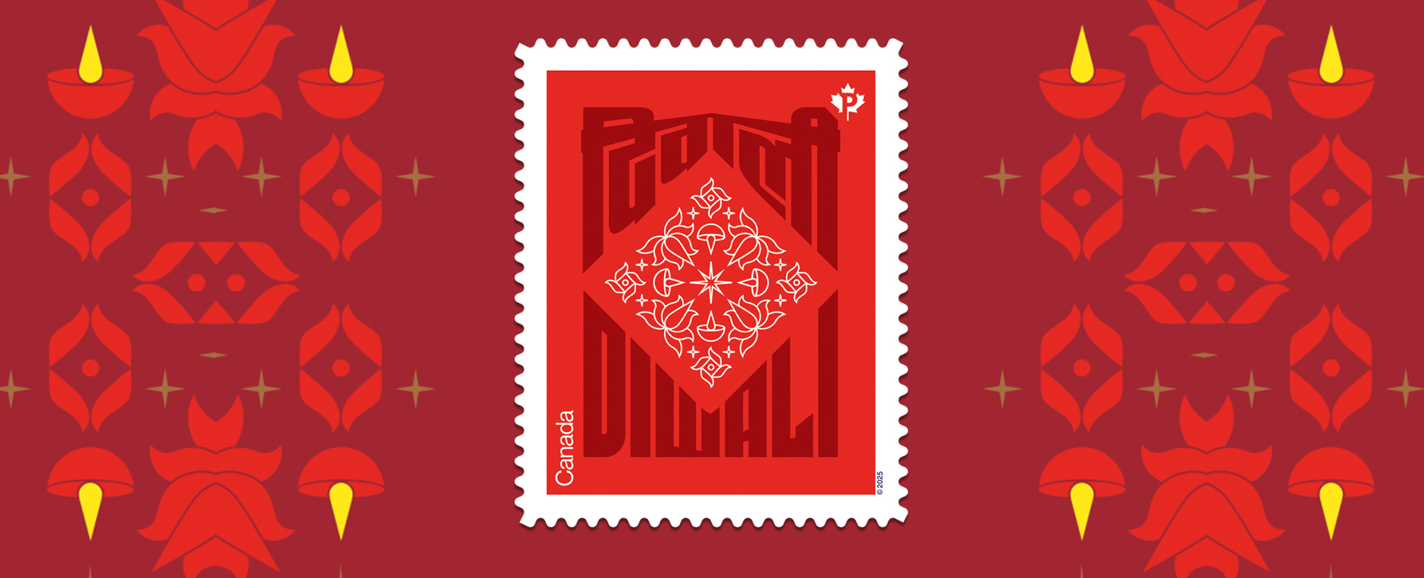 Le timbre rouge consacré à Diwali présente un rangoli au centre et le mot Diwali en hindi (en haut) et en français (en bas). 