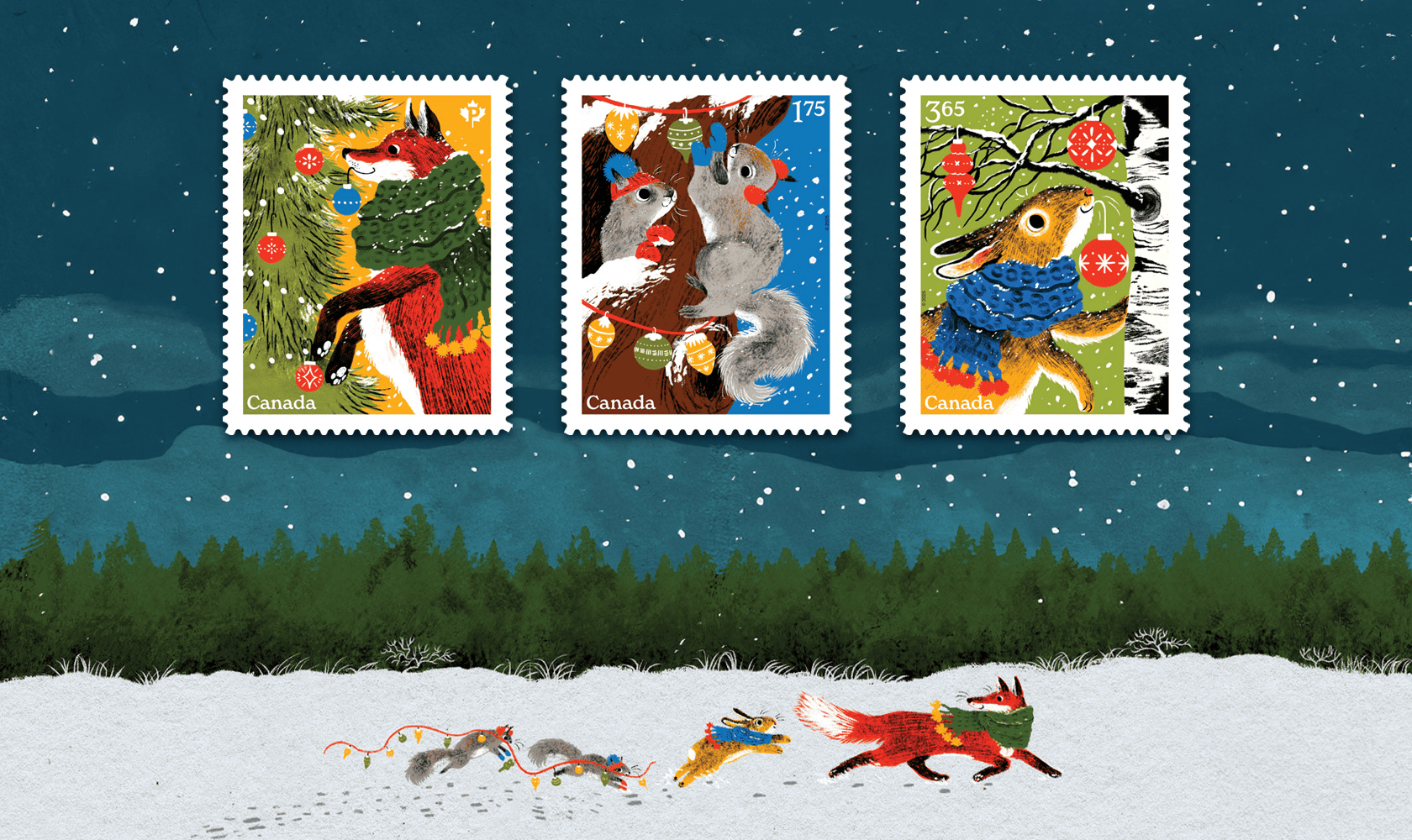Les trois timbres des Fêtes mettent en vedette des illustrations d’un renard, d’écureuils et d’une lapine qui décorent joyeusement leur maison pour les Fêtes.