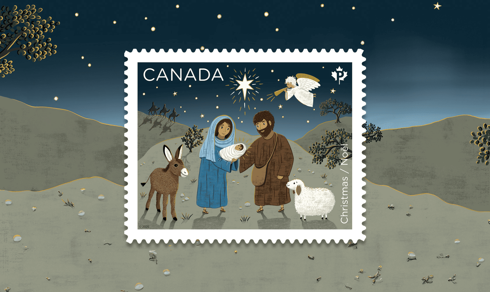 Une illustration fantaisiste de la scène de la Nativité, avec Marie, Joseph et l’Enfant Jésus sous l’étoile de Bethléem et un ange.