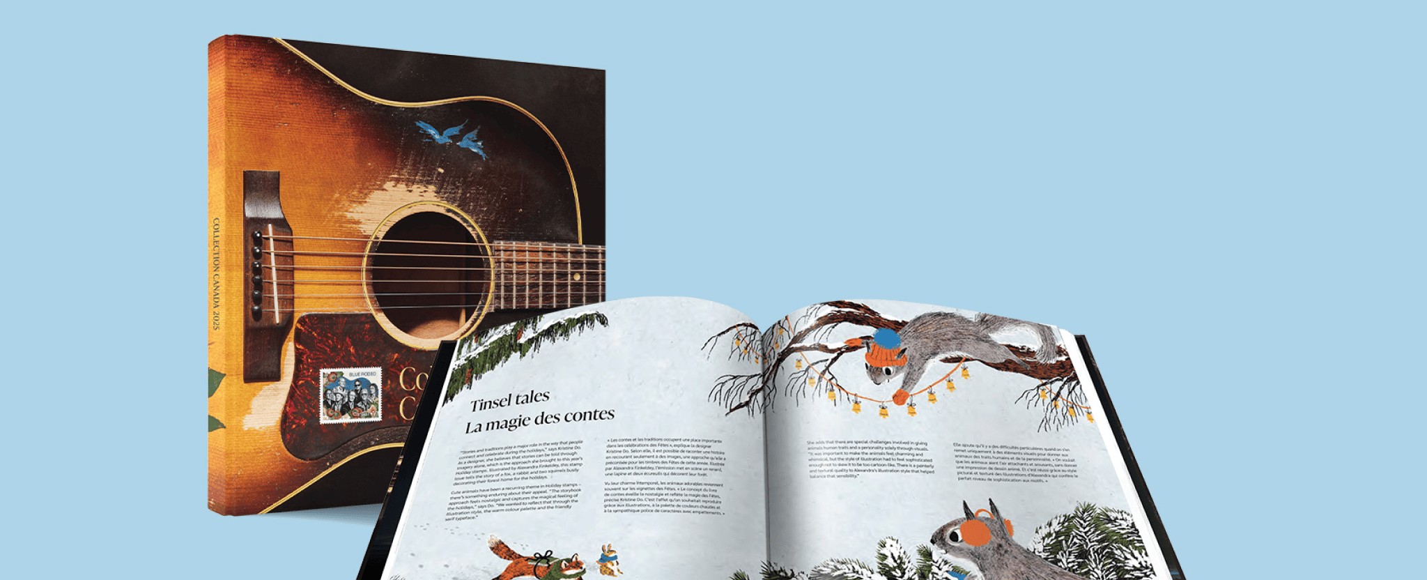 La couverture de l’album Collection Canada 2025 présente une image d’une guitare et le timbre consacré à Blue Rodeo. L’album est ouvert aux pages consacrées aux timbres La magie des contes.