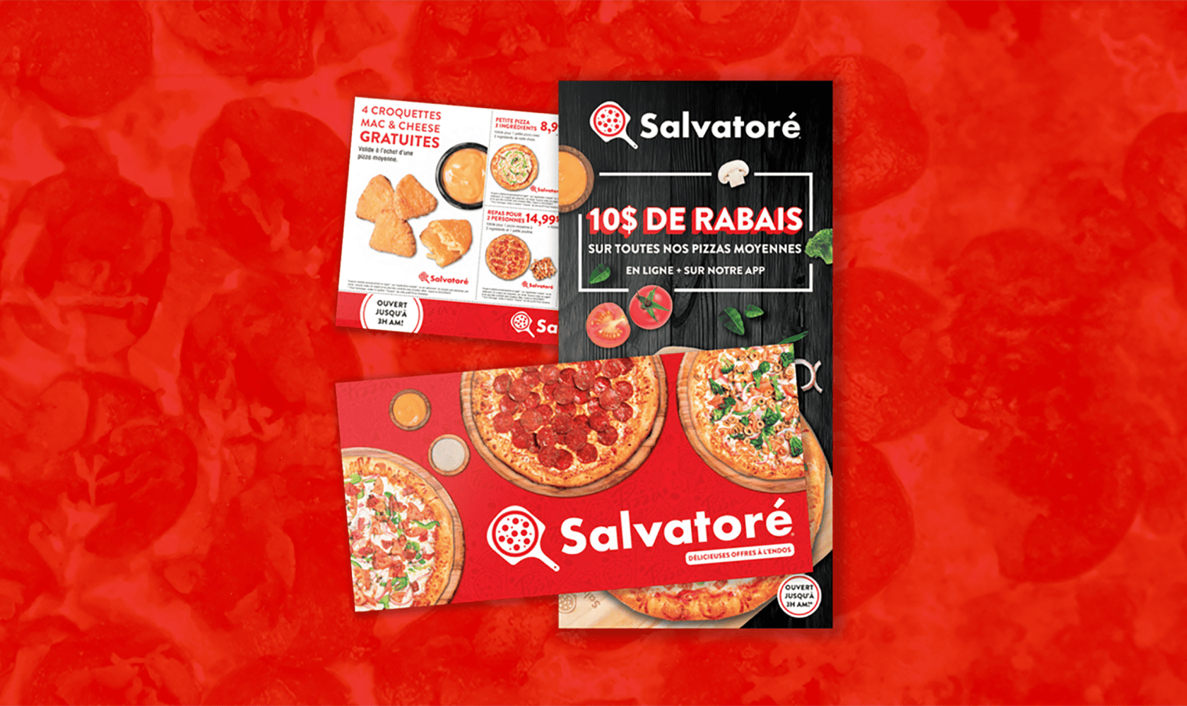 Un dépliant postal de Pizza Salvatoré comprenant une série de coupons et d’offres promotionnelles.