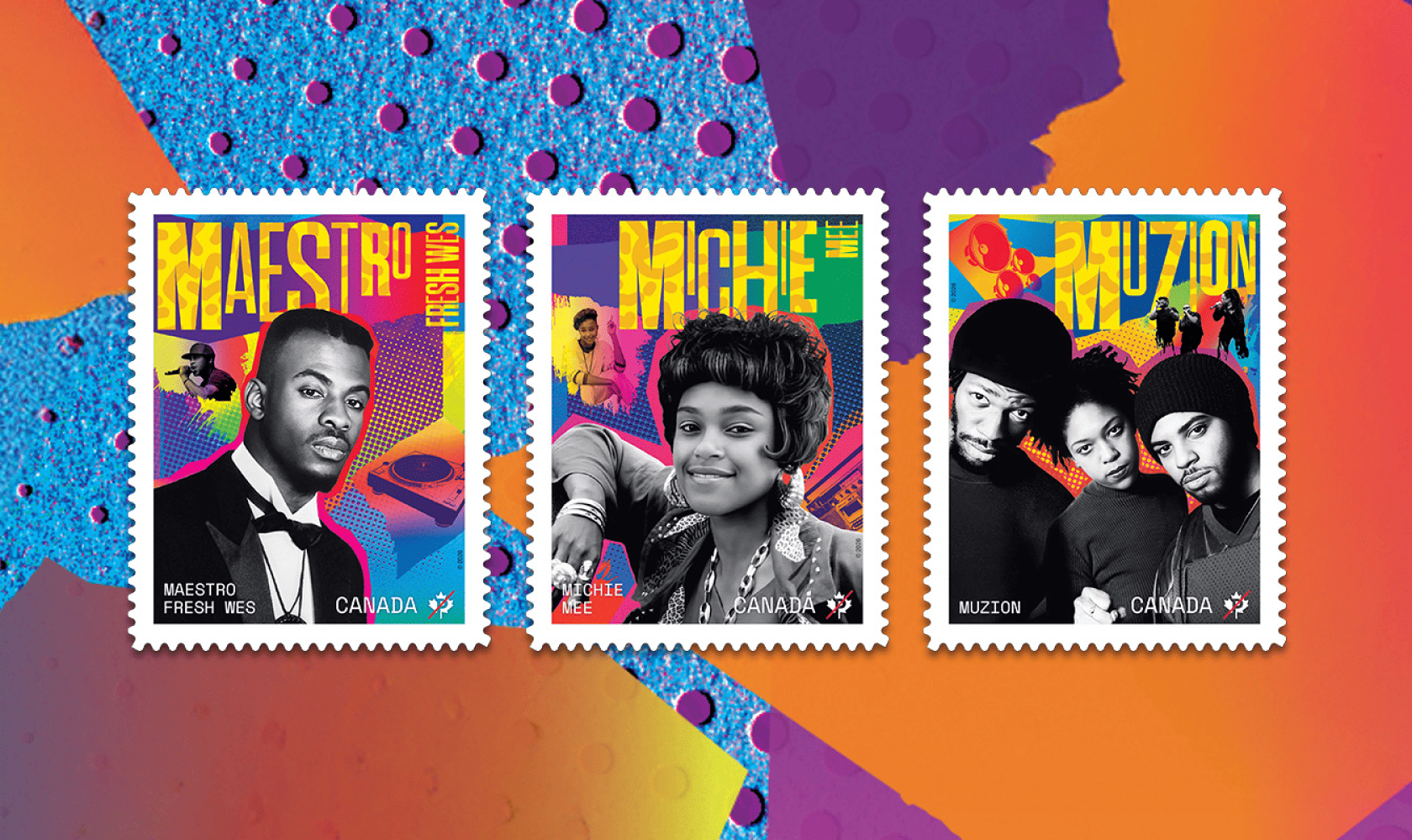 Les trois timbres du Mois de l’histoire des Noirs affichent les artistes avant-gardistes du hip-hop canadien Maestro Fresh Wes, Michie Mee et Muzion