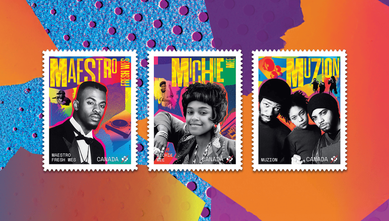 Les trois timbres du Mois de l’histoire des Noirs affichent les artistes avant-gardistes du hip-hop canadien Maestro Fresh Wes, Michie Mee et Muzion